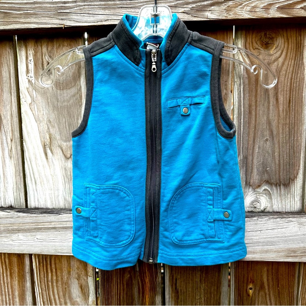 Tea Collection vest, child size 5, bright blue, dark gray trim